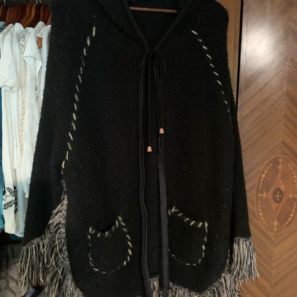 Scully Black Poncho with Fringe and Stitching
